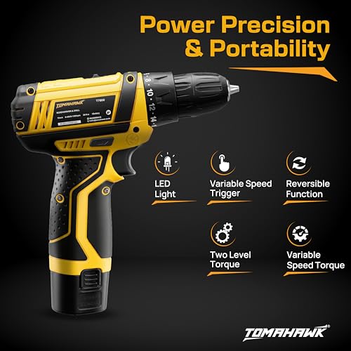 Tomahawk T7600-S 12V Cordless Drill/Screwdriver Kit 10mm Keyless Chuck 2-Speed (350/1350 RPM) 1.5Ah Single Battery LED Light, Battery Indicator DIY, Home & Woodworking Tool Set with Case - Image 5