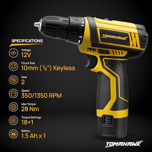 Tomahawk T7600-S 12V Cordless Drill/Screwdriver Kit 10mm Keyless Chuck 2-Speed (350/1350 RPM) 1.5Ah Single Battery LED Light, Battery Indicator DIY, Home & Woodworking Tool Set with Case - Image 4