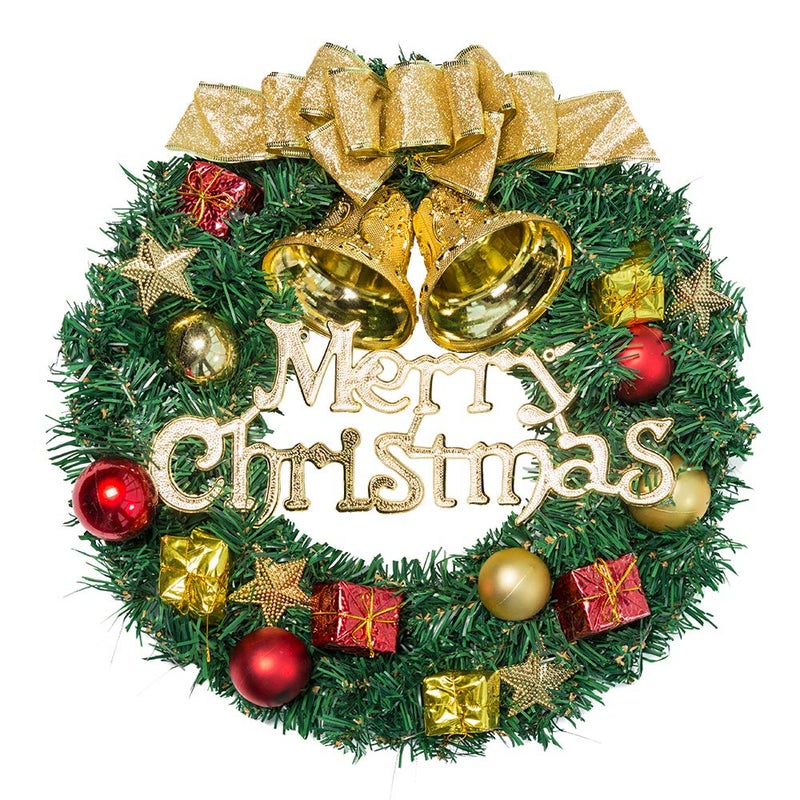Christmas Wreath Reef for Front Door Window 13 Inch Pine Artificial Garland with Bowknot Bells Deer Red Berries Flower Gifts for Christmas Party Decor