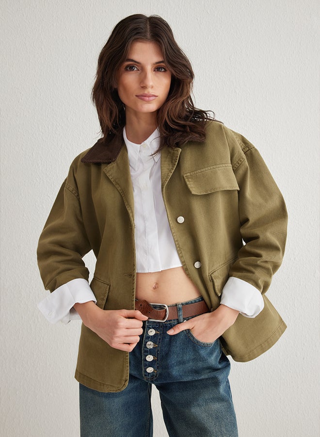 trendyol Khaki Contrast Oversize with Ribbed Collar and Pocket Flap Detail Denim Shirt Jacket - Image 1