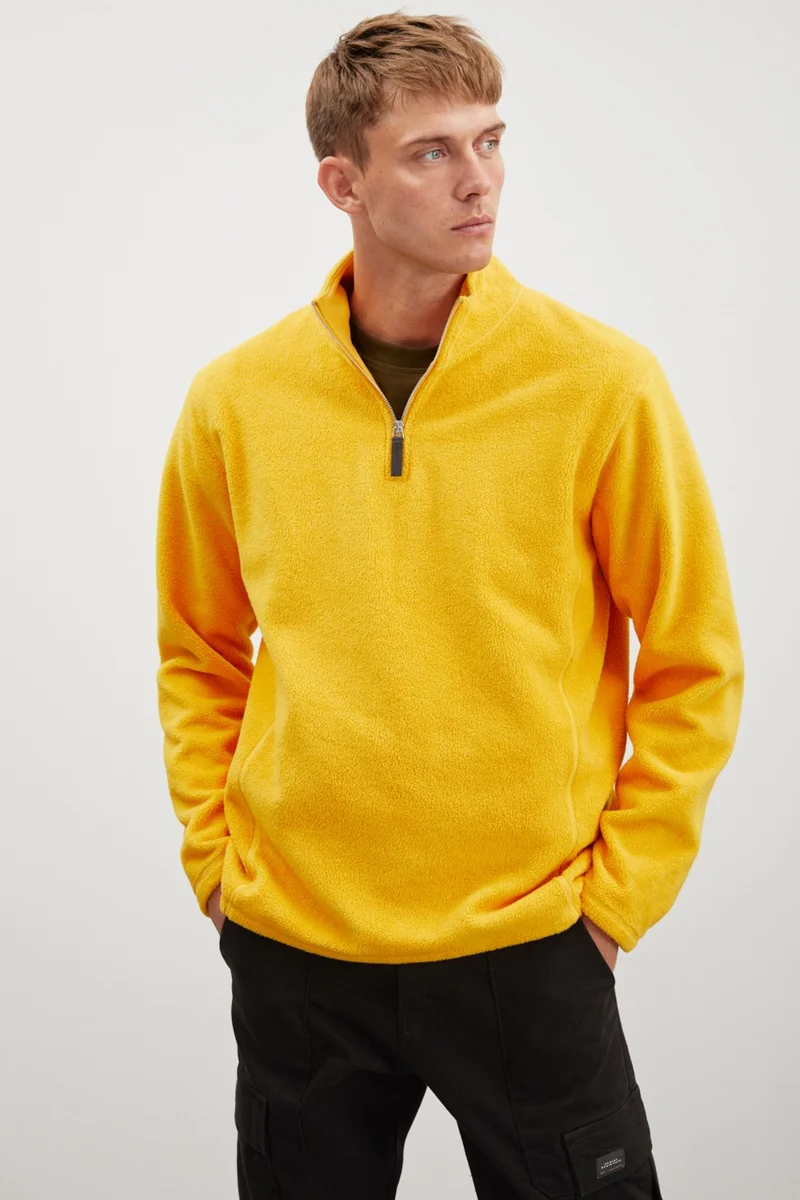 GRIMELANGE Hayes Men's Fleece Half Zipper Leather Accessory Thick Texture Comfort Fit Saffron Yellow Fleece