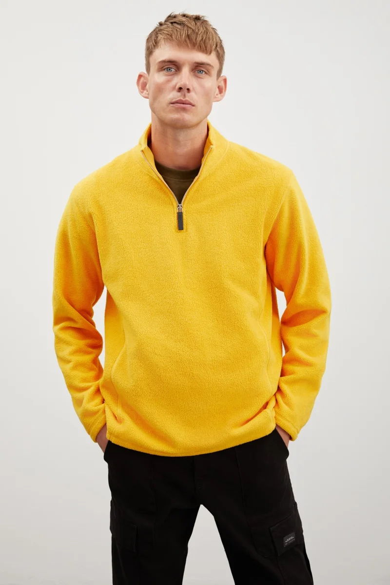 GRIMELANGE Hayes Men's Fleece Half Zipper Leather Accessory Thick Texture Comfort Fit Saffron Yellow Fleece