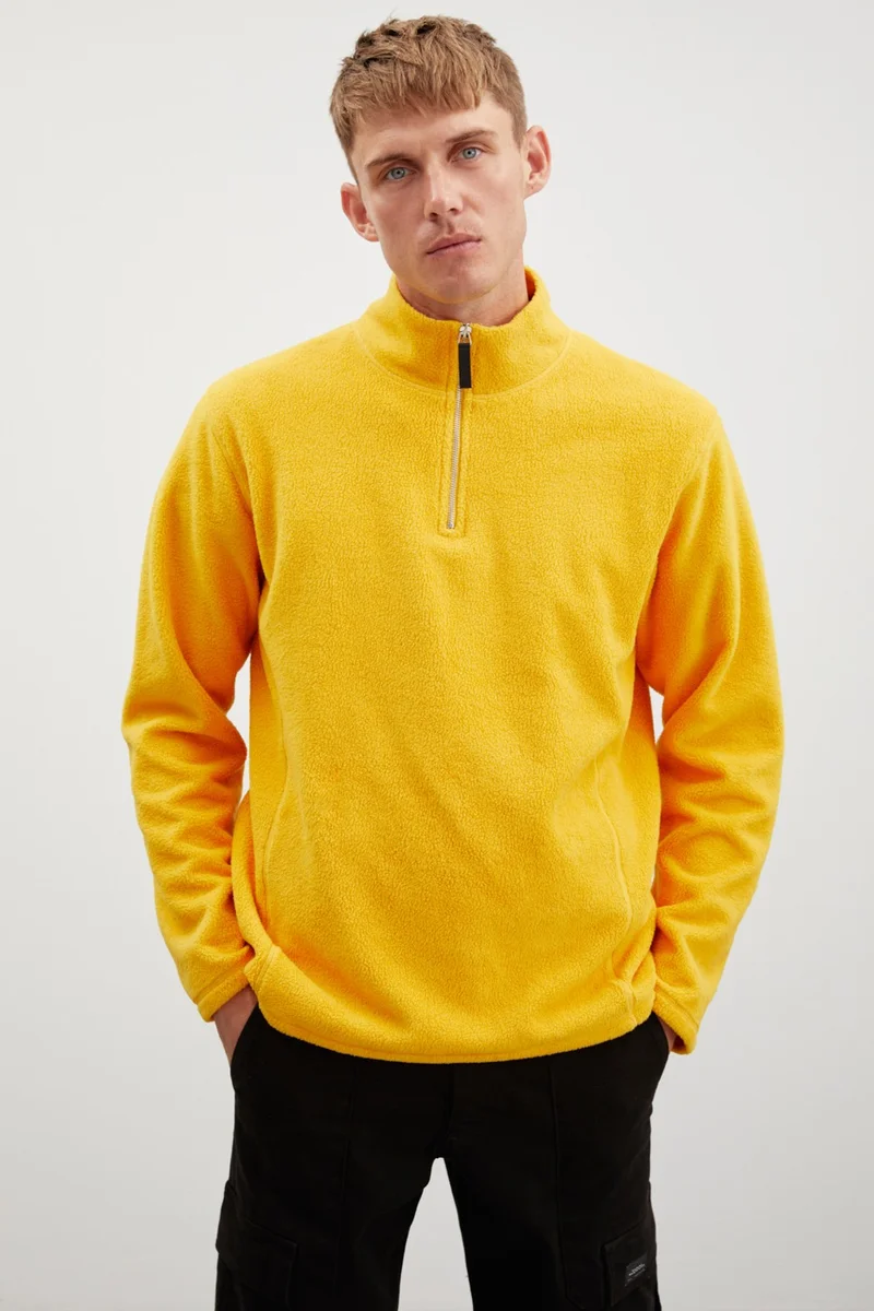 GRIMELANGE Hayes Men's Fleece Half Zipper Leather Accessory Thick Texture Comfort Fit Saffron Yellow Fleece