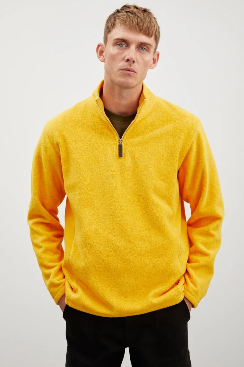 GRIMELANGE Hayes Men's Fleece Half Zipper Leather Accessory Thick Texture Comfort Fit Saffron Yellow Fleece