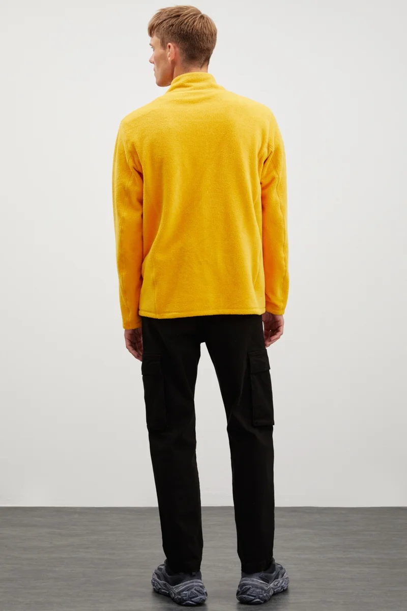 GRIMELANGE Hayes Men's Fleece Half Zipper Leather Accessory Thick Texture Comfort Fit Saffron Yellow Fleece
