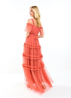 House of Moda Ruffle Trim Cold Shoulder Maxi Dress with Flocked Mesh by Styli  - Image 5