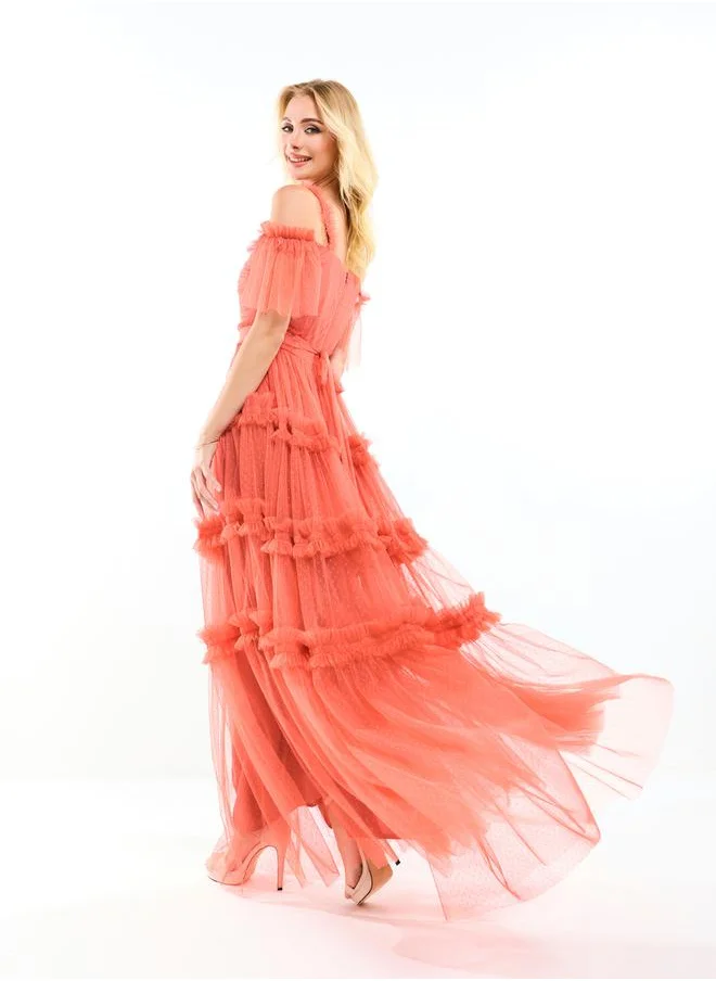 هاوس اوف مودا Ruffle Trim Cold Shoulder Maxi Dress with Flocked Mesh