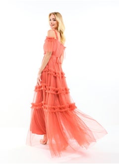 House of Moda Ruffle Trim Cold Shoulder Maxi Dress with Flocked Mesh by Styli  - Image 4