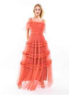 House of Moda Ruffle Trim Cold Shoulder Maxi Dress with Flocked Mesh by Styli  - Image 3