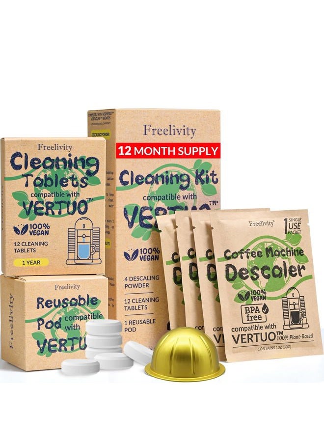 Freelivity Descaling & Cleaning Kit Compatible with Nespresso Vertuo, 4 Descaling Powder Solution, 12 Cleaning Tablets, 1 Reusable Pod, Eco-Friendly Vertuoline Maintenance Kit. 12-Month Supply - Image 1