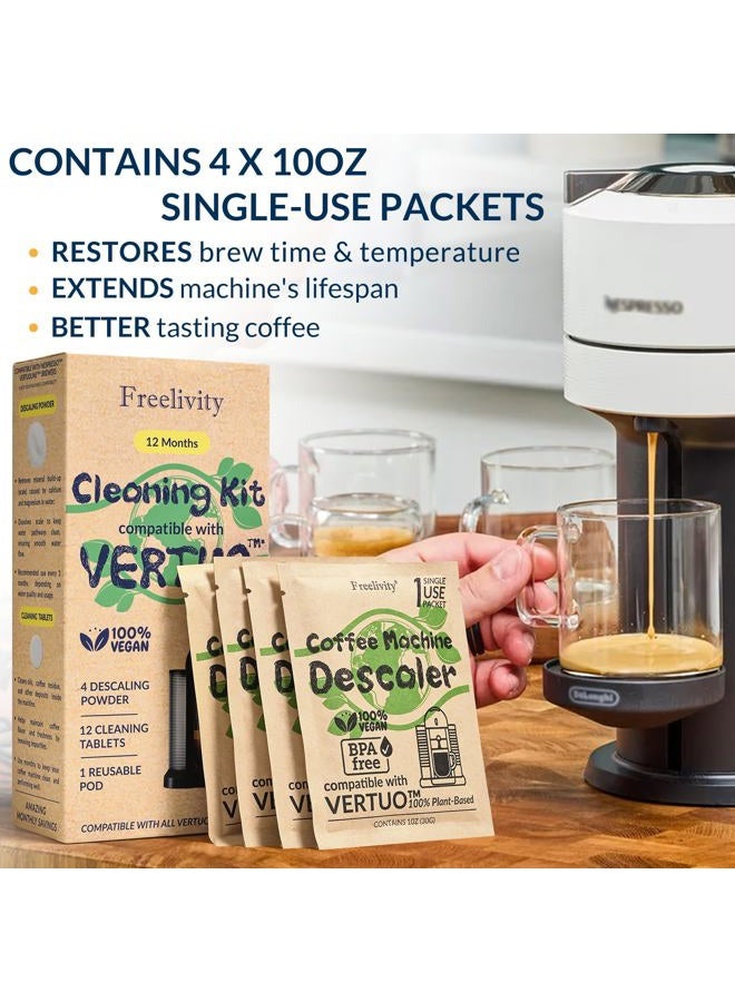 Freelivity Descaling & Cleaning Kit Compatible with Nespresso Vertuo, 4 Descaling Powder Solution, 12 Cleaning Tablets, 1 Reusable Pod, Eco-Friendly Vertuoline Maintenance Kit. 12-Month Supply - Image 4