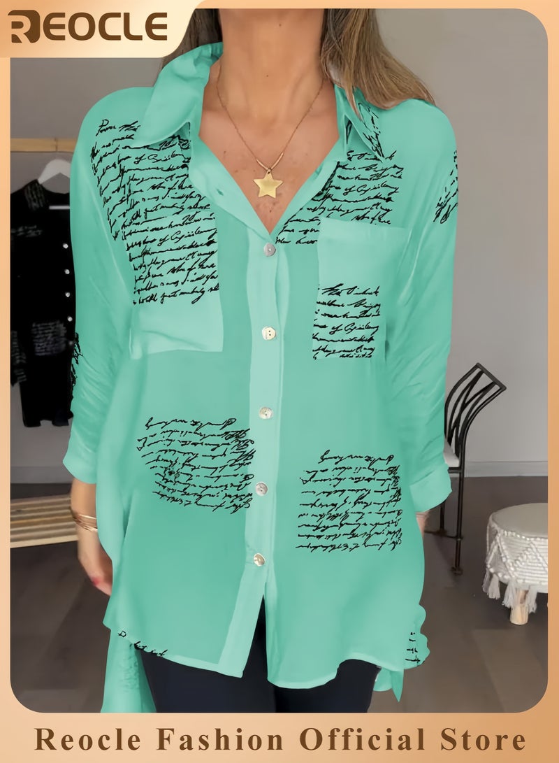 REOCLE Women's Shirts Letter Print Fashion Lapel Shirt Long Sleeve Newspaper Print and Button Casual Loose Shirt Long Sleeve Cool Shirt - Image 1