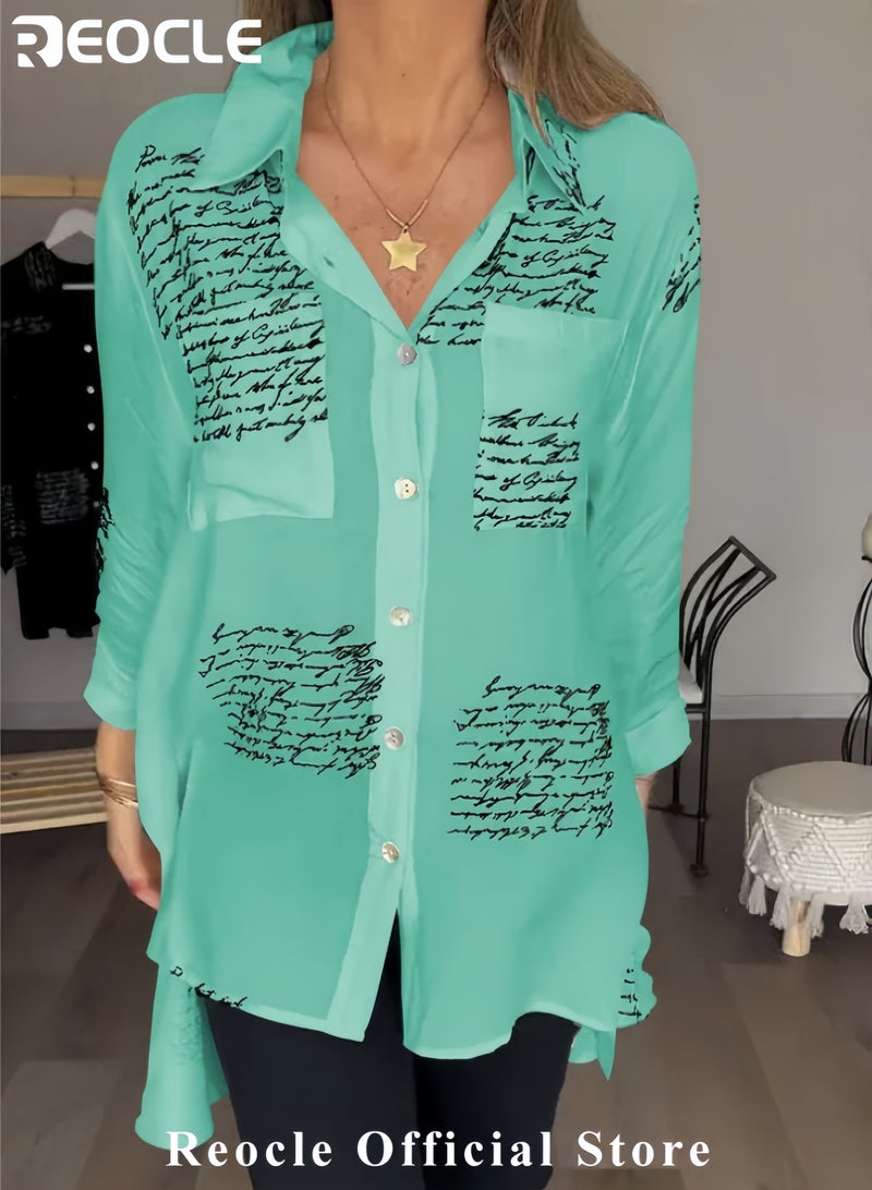 REOCLE Women's Shirts Letter Print Fashion Lapel Shirt Long Sleeve Newspaper Print and Button Casual Loose Shirt Long Sleeve Cool Shirt - Image 3