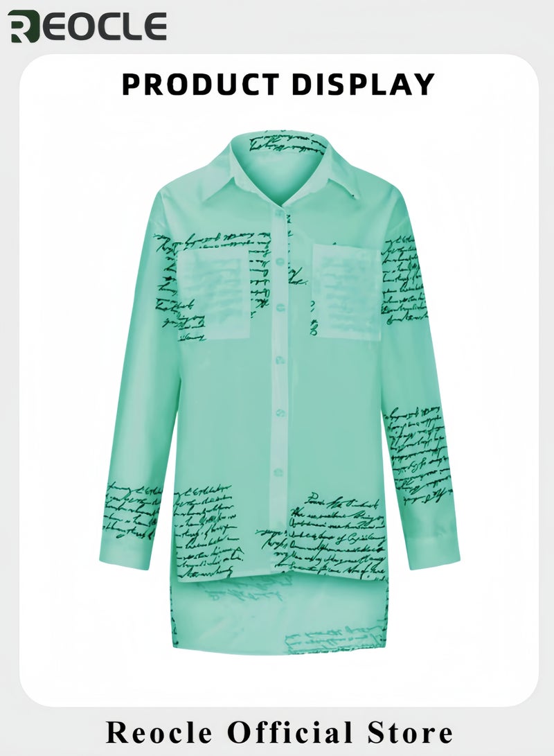 REOCLE Women's Shirts Letter Print Fashion Lapel Shirt Long Sleeve Newspaper Print and Button Casual Loose Shirt Long Sleeve Cool Shirt - Image 5