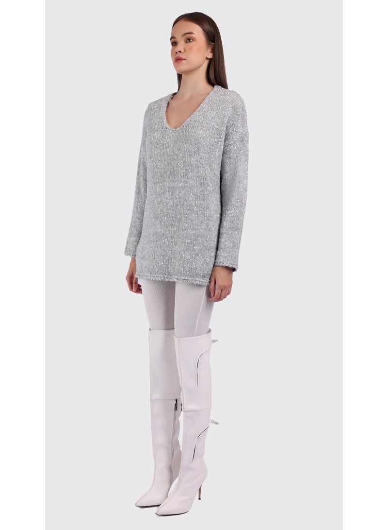 KYVELi Women’s V-Neck Winter Knit Tunic – Grey - Image 5