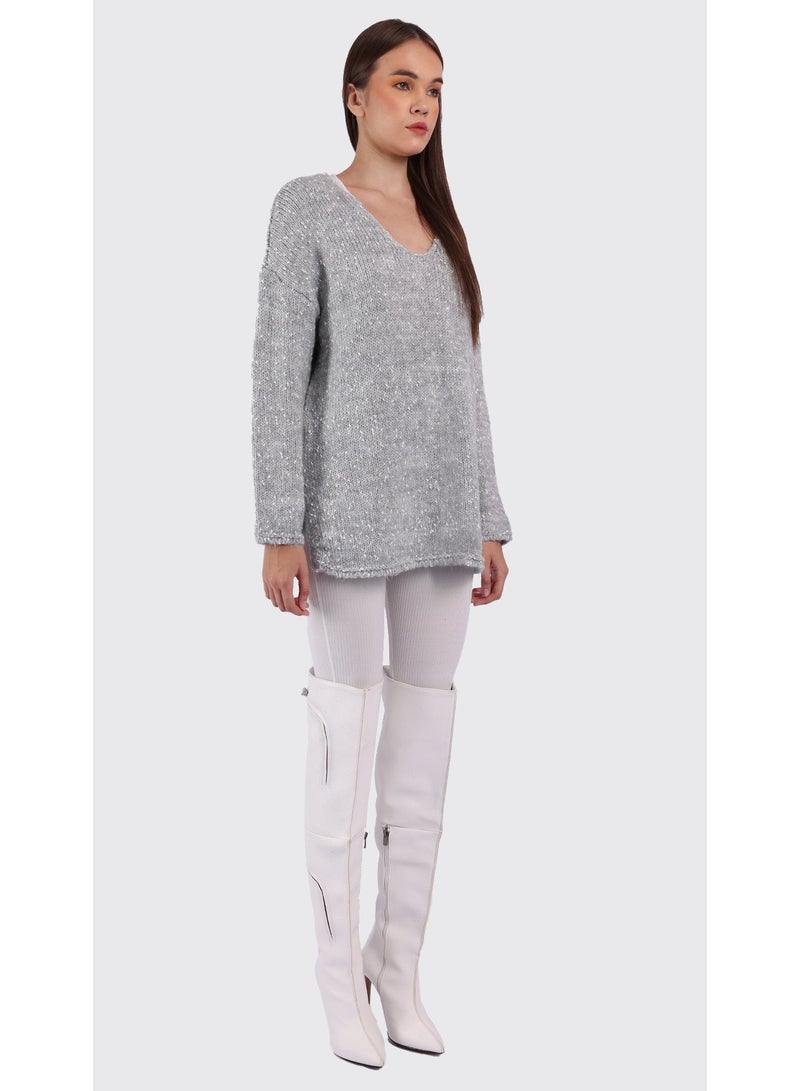 KYVELi Women’s V-Neck Winter Knit Tunic – Grey - Image 3