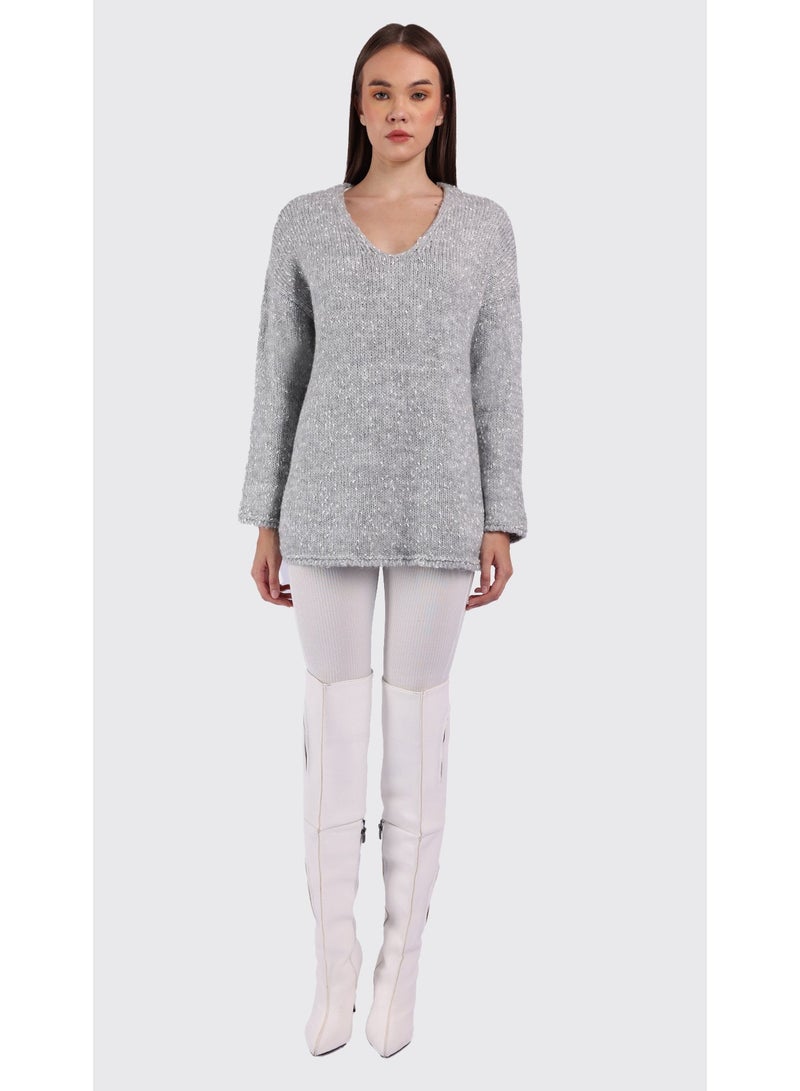 KYVELi Women’s V-Neck Winter Knit Tunic – Grey - Image 2