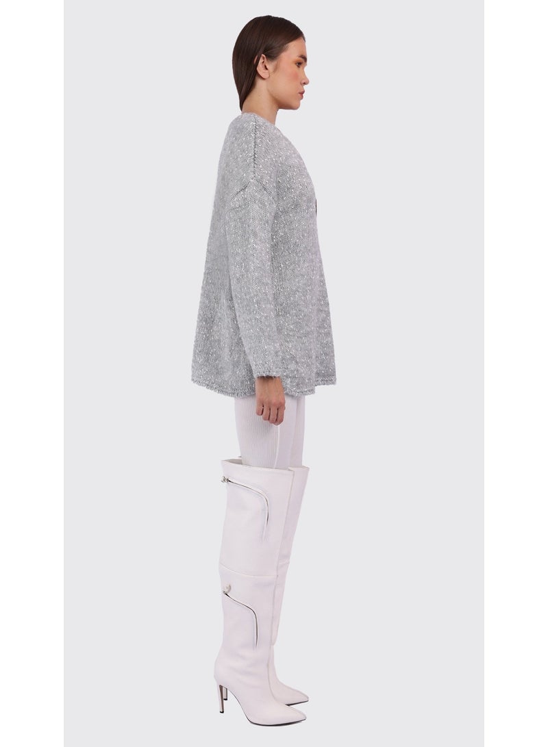 KYVELi Women’s V-Neck Winter Knit Tunic – Grey - Image 4