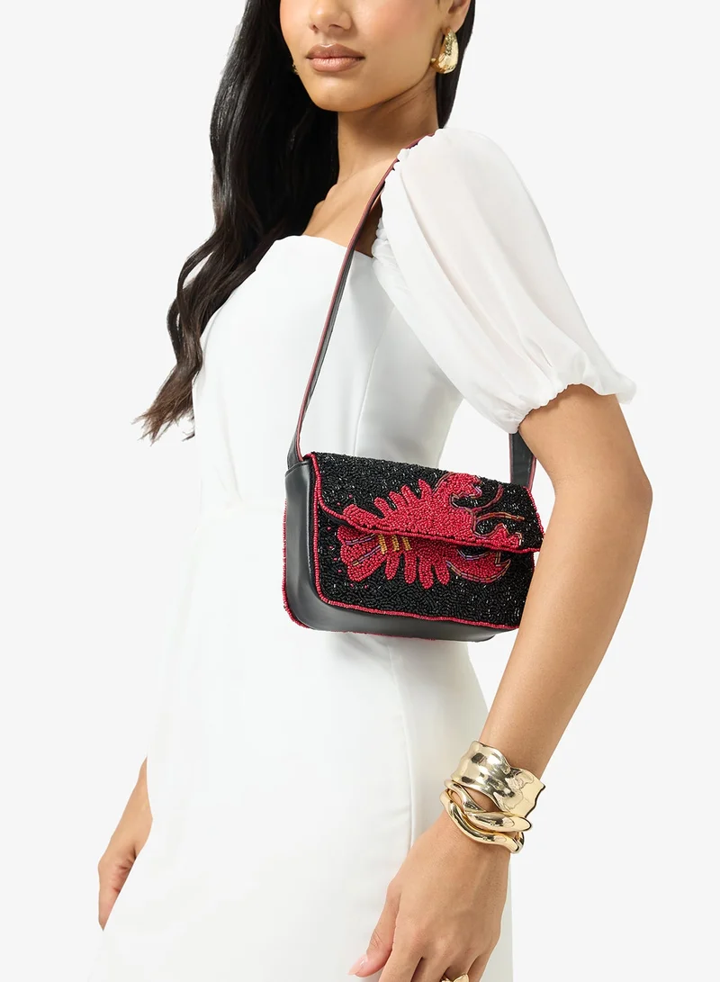 Embroidered Beaded Lobster Print Shoulder Bag