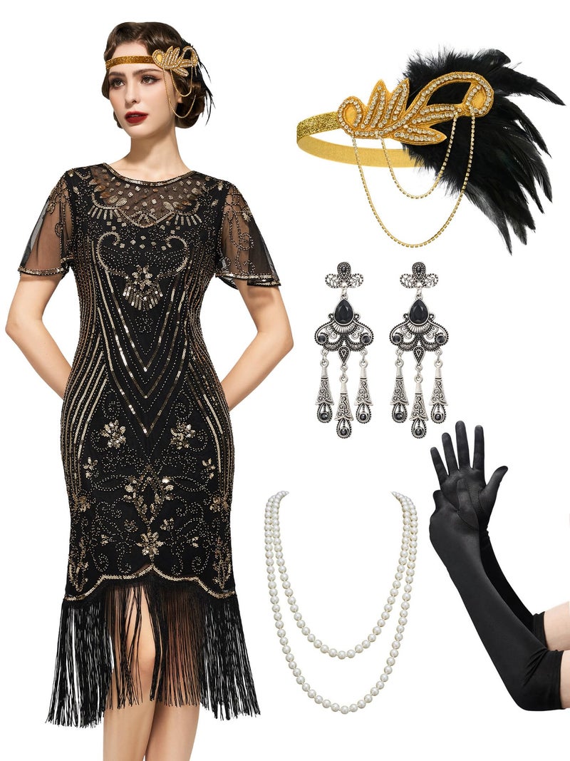 SWEETV Great Gatsby Dresses for Women,Lace Neck Flapper Dresses 1920s Dress for Women Roaring 20s Dress with Sleeve for Harlem Nights-Flapper Costumes,Medium,Black-Gold - Image 1