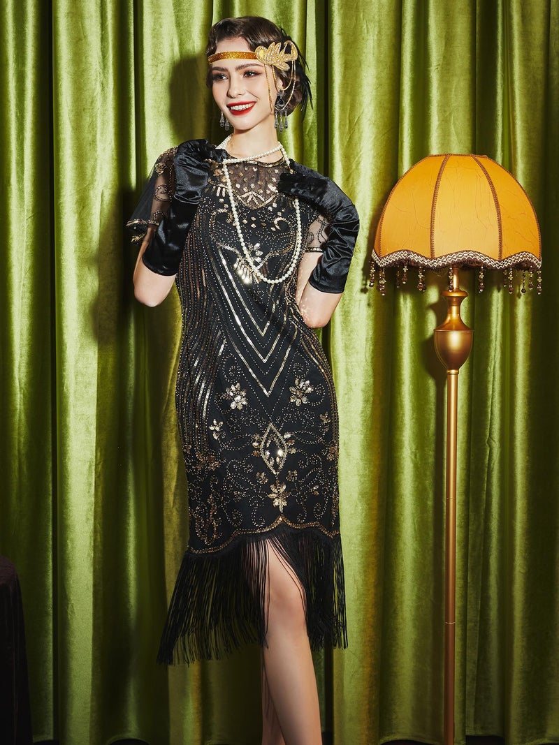 SWEETV Great Gatsby Dresses for Women,Lace Neck Flapper Dresses 1920s Dress for Women Roaring 20s Dress with Sleeve for Harlem Nights-Flapper Costumes,Medium,Black-Gold - Image 2