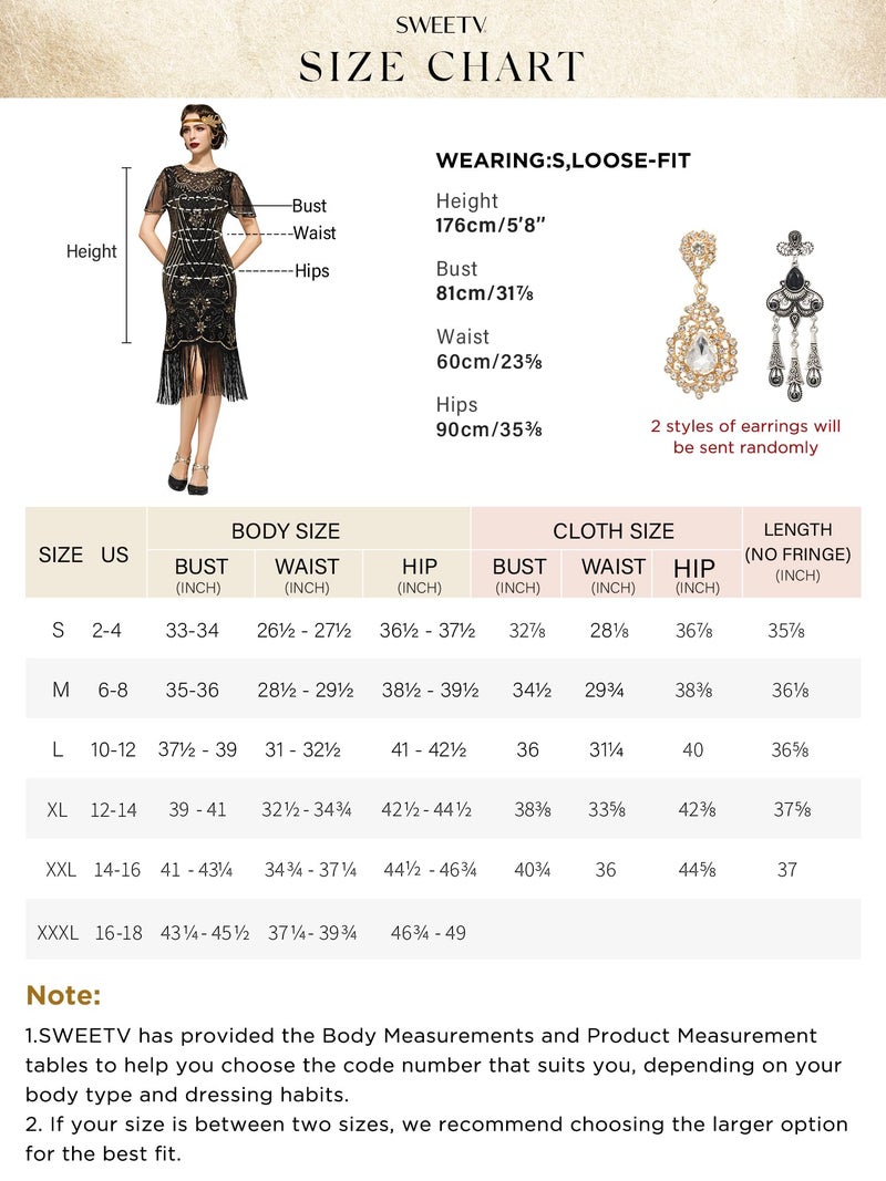 SWEETV Great Gatsby Dresses for Women,Lace Neck Flapper Dresses 1920s Dress for Women Roaring 20s Dress with Sleeve for Harlem Nights-Flapper Costumes,Medium,Black-Gold - Image 4