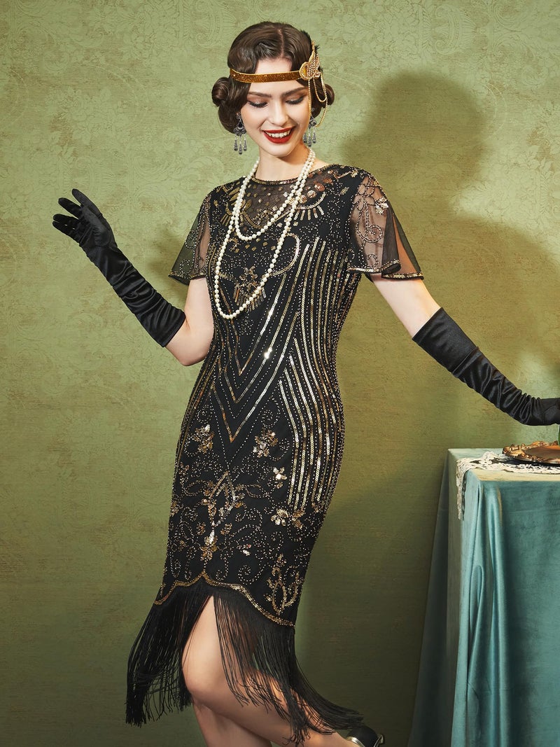 SWEETV Great Gatsby Dresses for Women,Lace Neck Flapper Dresses 1920s Dress for Women Roaring 20s Dress with Sleeve for Harlem Nights-Flapper Costumes,Medium,Black-Gold - Image 3