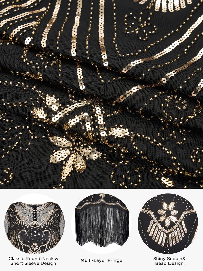 SWEETV Great Gatsby Dresses for Women,Lace Neck Flapper Dresses 1920s Dress for Women Roaring 20s Dress with Sleeve for Harlem Nights-Flapper Costumes,Medium,Black-Gold - Image 5