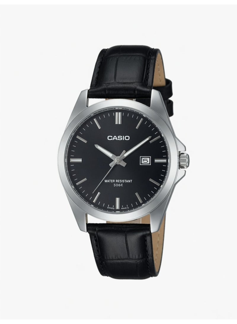 Casio MTP-V004L-1B Enticer Men's Round Analog Watch with Black Dial and Black Leather Strap
