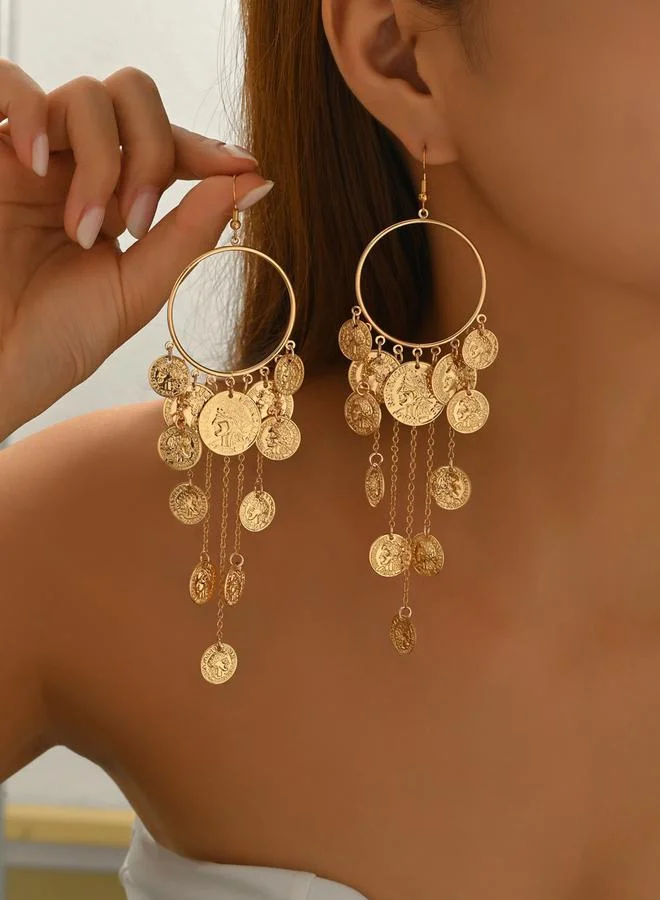 Take Two Women Metal Round Tassel Chain Earrings