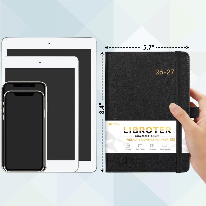 Libroter 2026-2027 Planner - Academic Planner 2026-2027 Weekly Monthly Planner, July 2026 - June 2027, 5.7'' x 8.4'', Thick Paper, Leather Cover, Pen Holder, Back Pocket, Perfect Daily Organizer - Black - Image 2