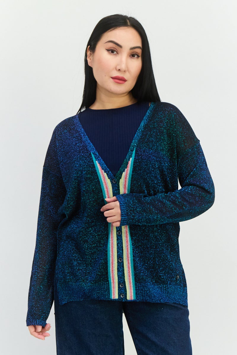 Trussardi Jeans Women V-Neck Long Sleeve Textured  Cardigan, Navy Blue - Image 1