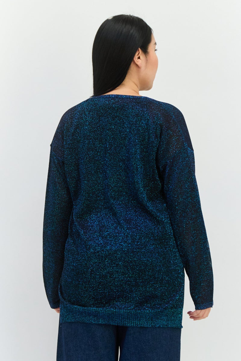 Trussardi Jeans Women V-Neck Long Sleeve Textured  Cardigan, Navy Blue - Image 3