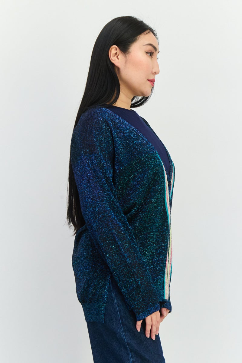 Trussardi Jeans Women V-Neck Long Sleeve Textured  Cardigan, Navy Blue - Image 2