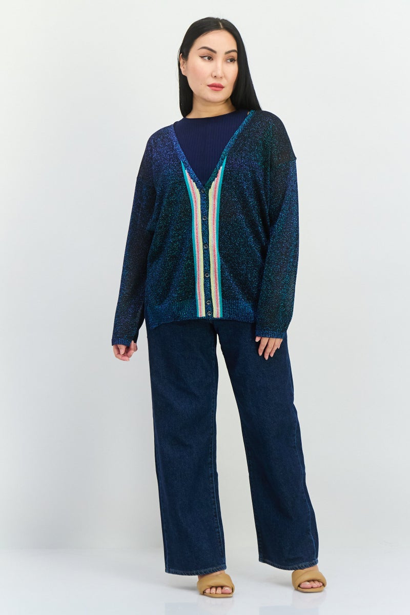 Trussardi Jeans Women V-Neck Long Sleeve Textured  Cardigan, Navy Blue - Image 4