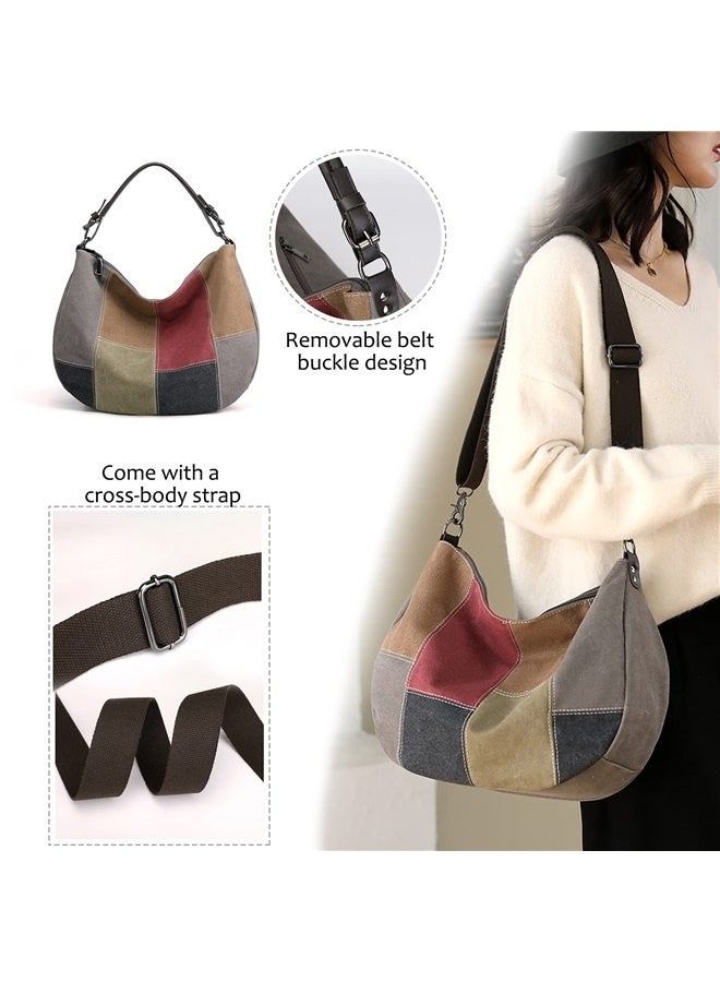Multi-Color Casual Womens Shoulder Tote Bag Canvas Hobo Handbags Crossbody Color Block Purse  - Image 2