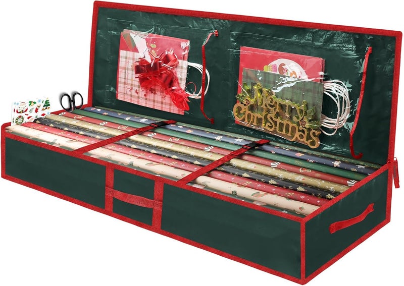 EMOMAS Christmas Gift Wrapping Paper Organizer Storage Bags,Plastic Container for Holiday Supplies & Accessories, Gift Bag Organizer, Under Bed Wrapping Paper Storage (Red) - Image 2