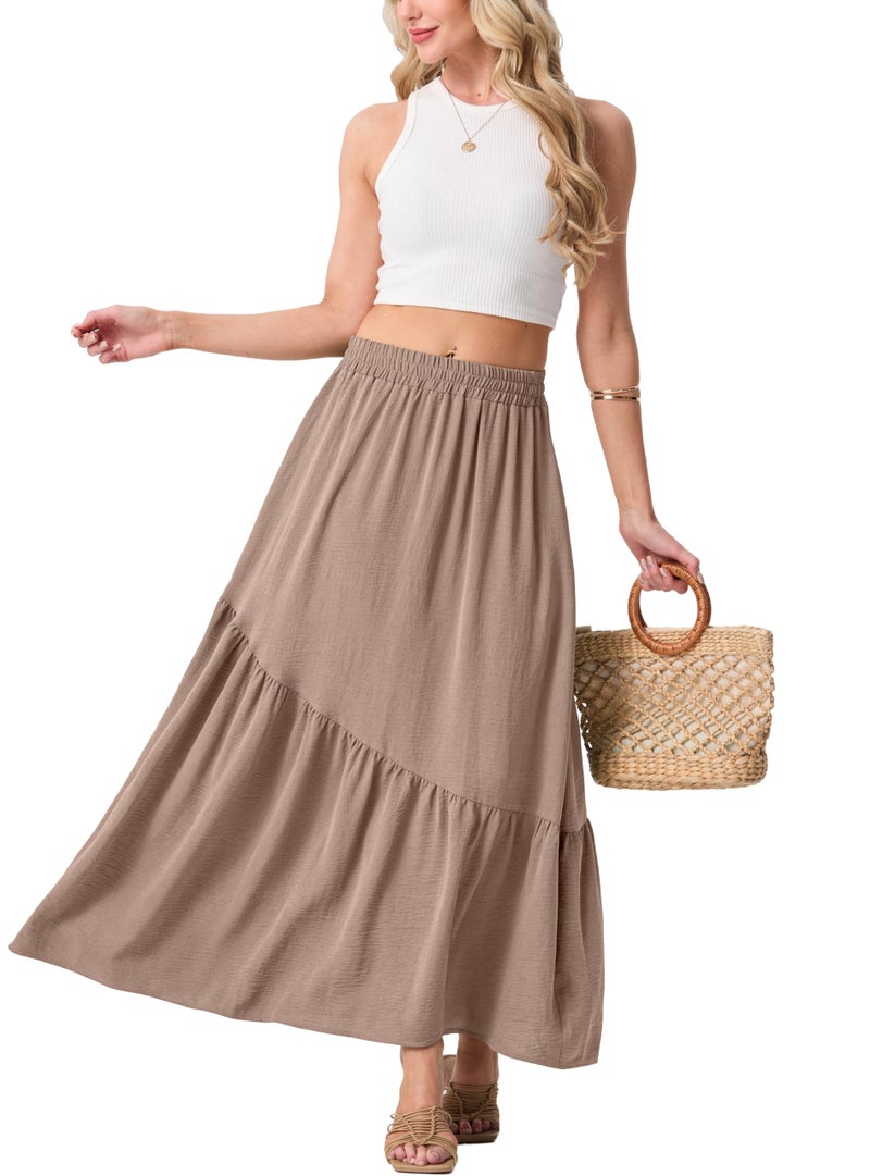 GRECERELLE Women's Summer Boho Maxi Skirt A-Line Flowy Ruffle Tiered Elastic High Waist Casual Long Skirts with Pockets, Coffee Gray, M - Image 3