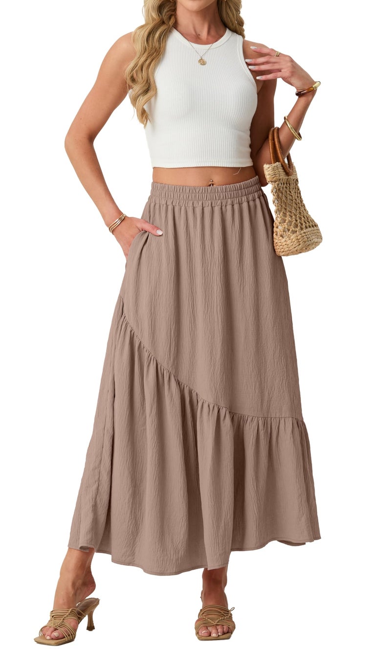 GRECERELLE Women's Summer Boho Maxi Skirt A-Line Flowy Ruffle Tiered Elastic High Waist Casual Long Skirts with Pockets, Coffee Gray, M - Image 5