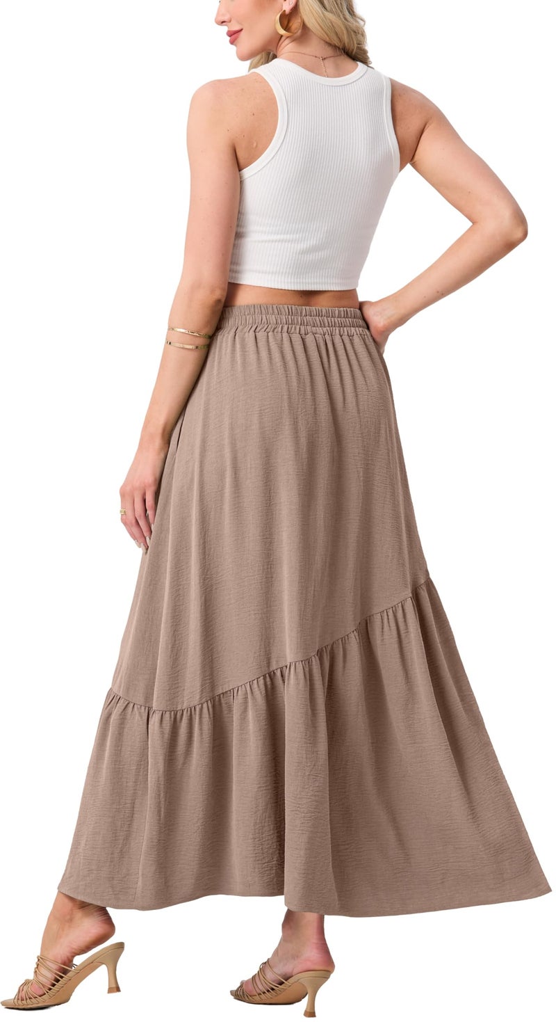 GRECERELLE Women's Summer Boho Maxi Skirt A-Line Flowy Ruffle Tiered Elastic High Waist Casual Long Skirts with Pockets, Coffee Gray, M - Image 4