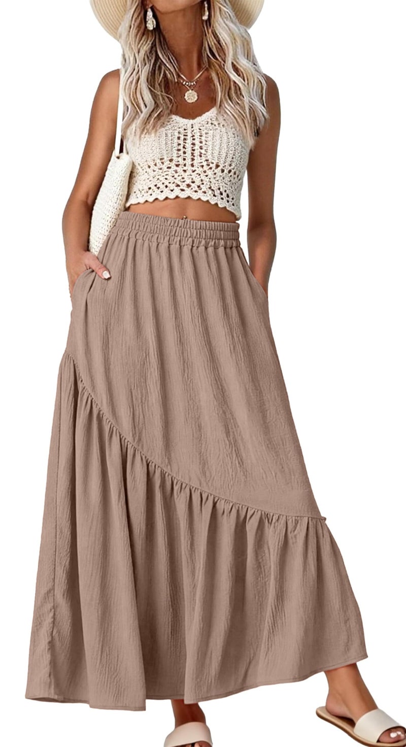 GRECERELLE Women's Summer Boho Maxi Skirt A-Line Flowy Ruffle Tiered Elastic High Waist Casual Long Skirts with Pockets, Coffee Gray, M - Image 1