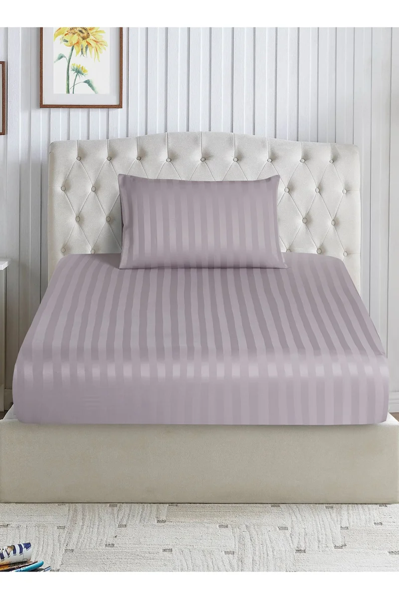Donetella 2-Piece Striped Bedding Set – Single Fitted Sheet 120x200+30 cm with All-Around Elastic &amp; 1 Matching Pillowcases