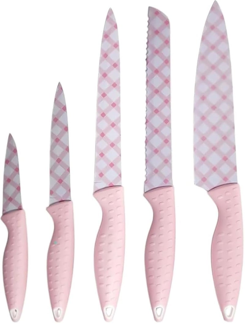 Knife Set 5 Piece Kitchen Knives With Stainless Steel Blades And Strong Handles Chef Knife Utility Paring Bread Knife Sharp Cutlery Set For Cooking Professional And Home Use (Pink)