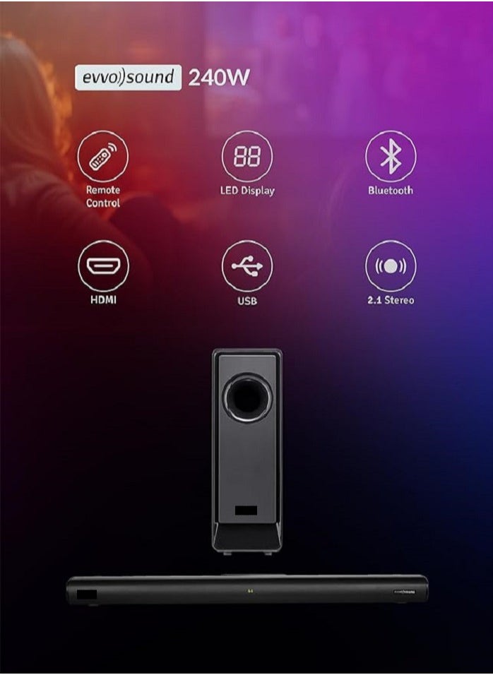 Generic - 2.1ch Soundbar With Wireless Subwoofer, HDMI Bluetooth 5 And LED Display 240W Black EVAUD-SB241B , Wireless Bluetooth Soundbar (Black) - Image 1