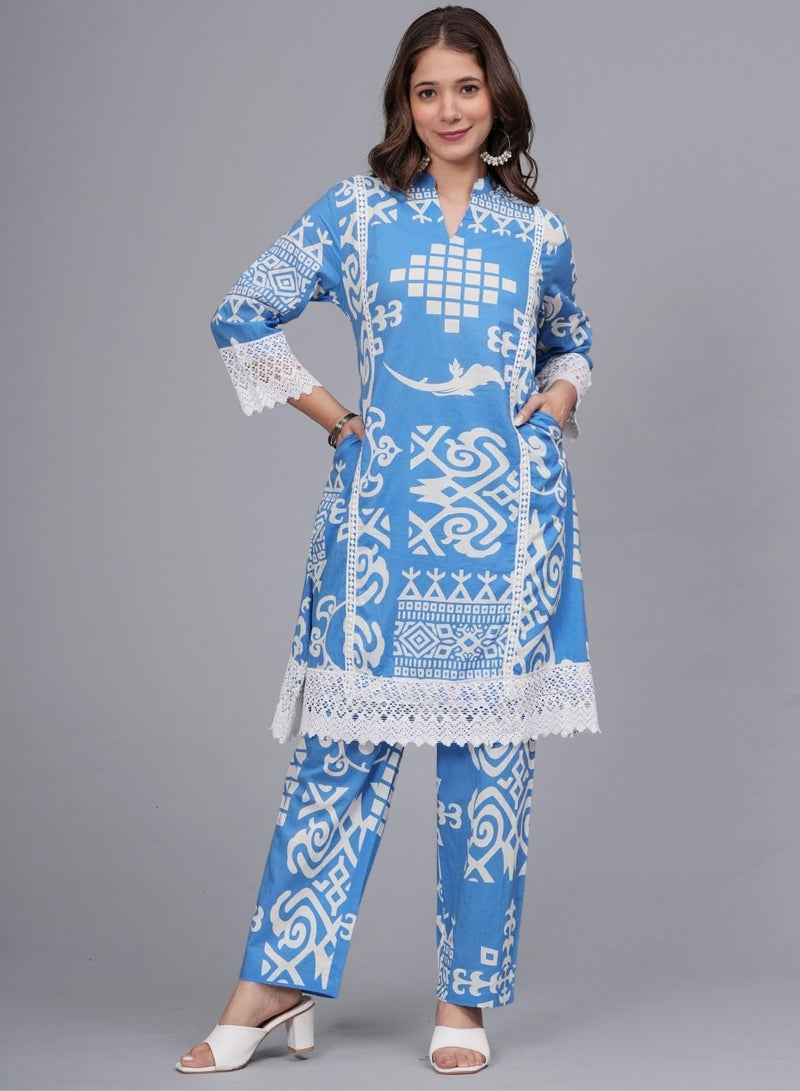 rytras Women's Pure Cotton Printed Straight Kurta Set with Palazzo Pants - Ethnic Wear, Blue(RYT597-New,M) - Image 3