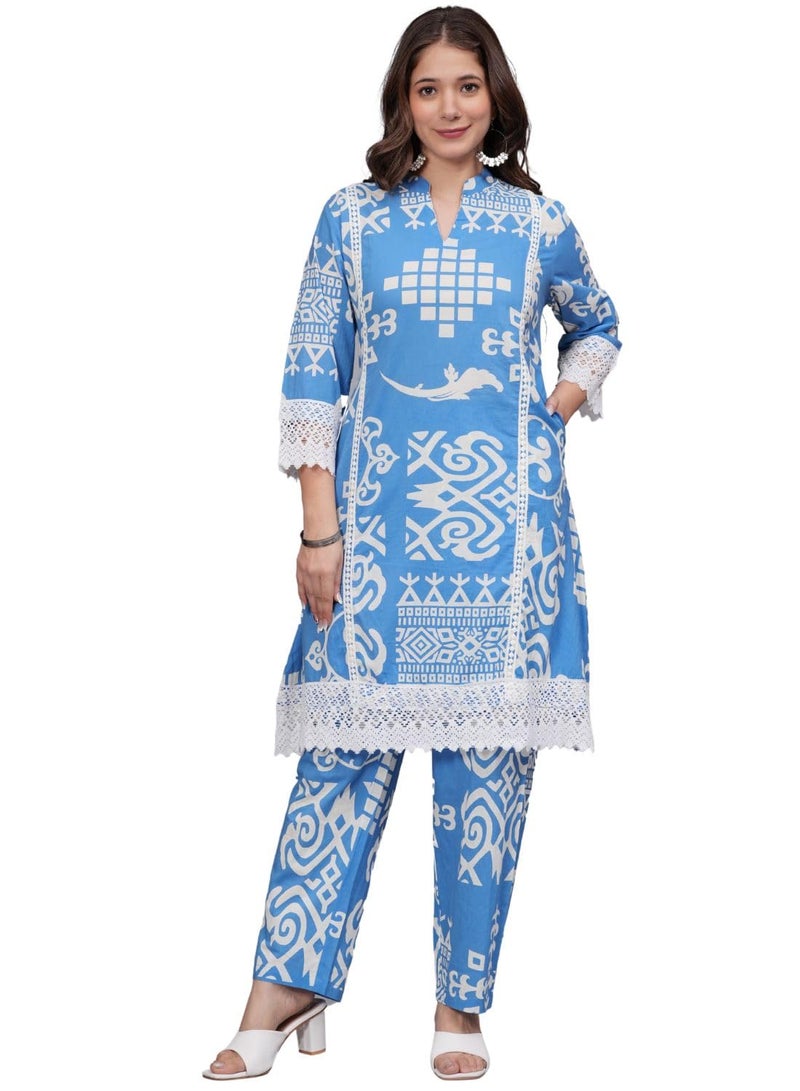 rytras Women's Pure Cotton Printed Straight Kurta Set with Palazzo Pants - Ethnic Wear, Blue(RYT597-New,M) - Image 1