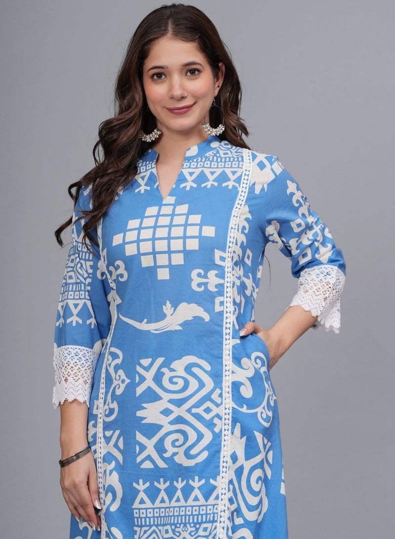 rytras Women's Pure Cotton Printed Straight Kurta Set with Palazzo Pants - Ethnic Wear, Blue(RYT597-New,M) - Image 5