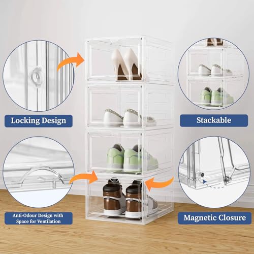 HomeStrap Plastic Clear Multi Bins |Multipurpose Transparent Shoe Storage Box |Collapsable Shoe Organiser | Foldable Sneaker Crates Footwear Organiser For Men, Women (Pack of 6) - Image 4