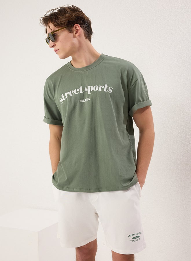 trendyol Emerald Green-Ecru 2-Piece Tracksuit Set Oversize/Wide Cut 100% Cotton Shorts - Image 1