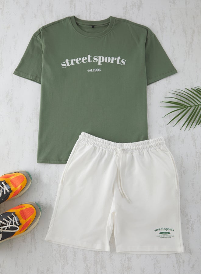 trendyol Emerald Green-Ecru 2-Piece Tracksuit Set Oversize/Wide Cut 100% Cotton Shorts - Image 2